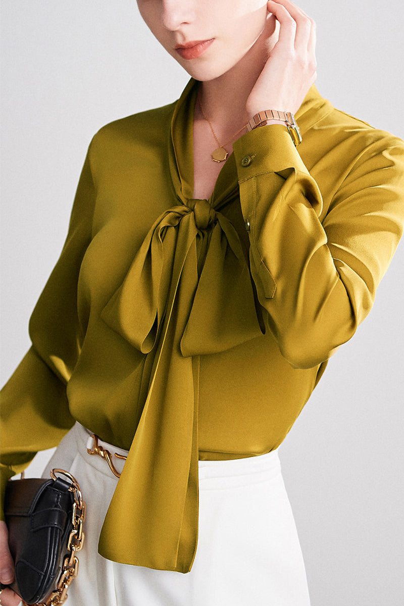 French Silk V-Neck Long-Sleeve Ribbon Blouse
