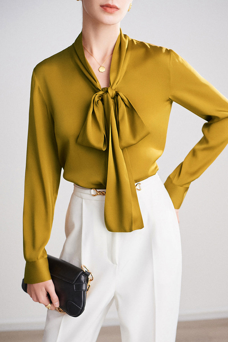 French Silk V-Neck Long-Sleeve Ribbon Blouse