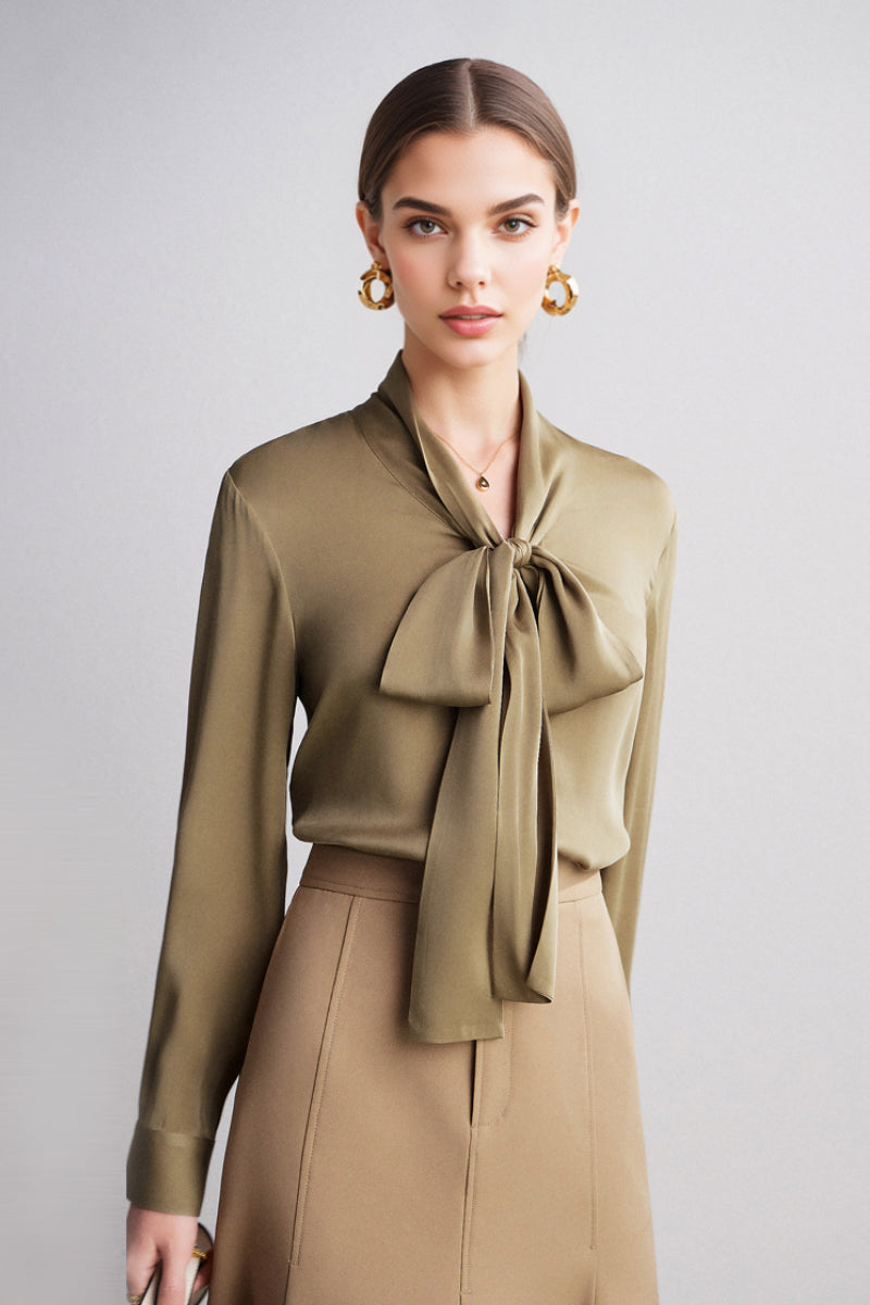 French Silk V-Neck Long-Sleeve Ribbon Blouse