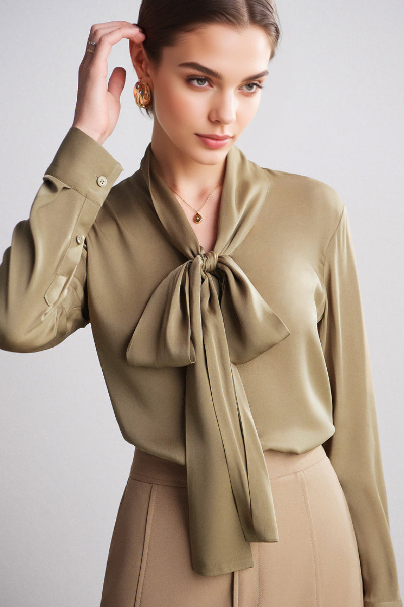 French Silk V-Neck Long-Sleeve Ribbon Blouse