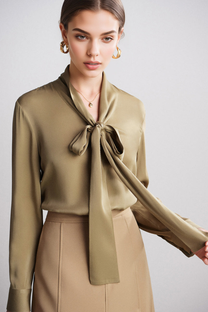 French Silk V-Neck Long-Sleeve Ribbon Blouse