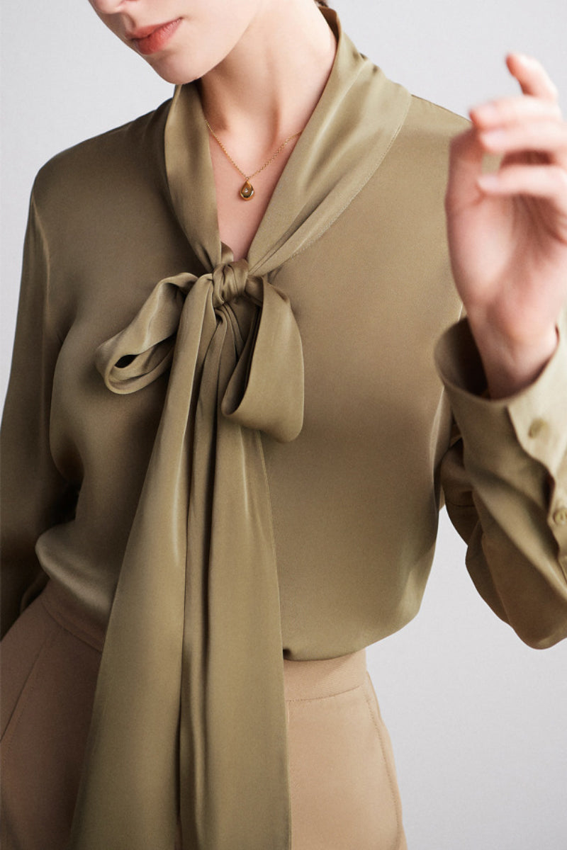 French Silk V-Neck Long-Sleeve Ribbon Blouse