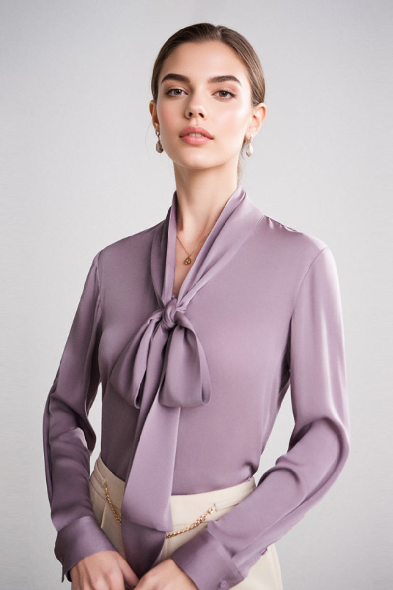 French Silk V-Neck Long-Sleeve Ribbon Blouse