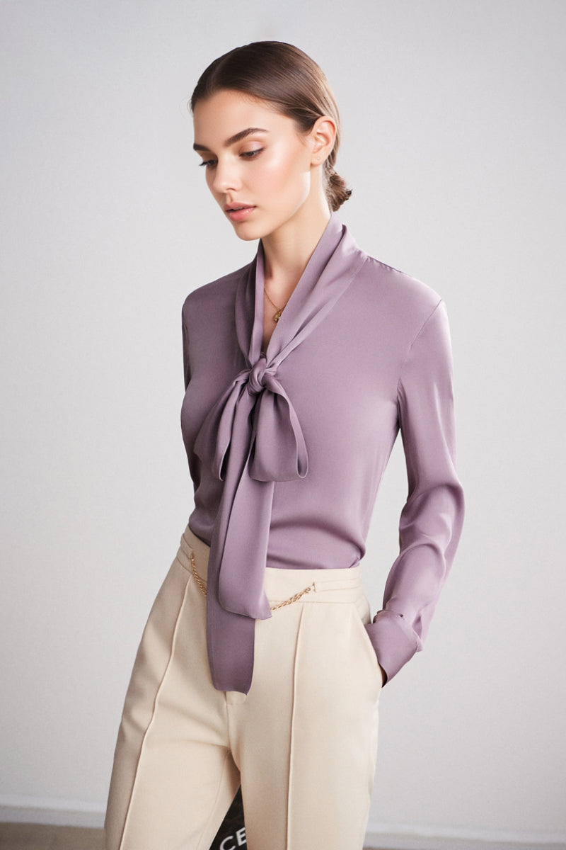 French Silk V-Neck Long-Sleeve Ribbon Blouse
