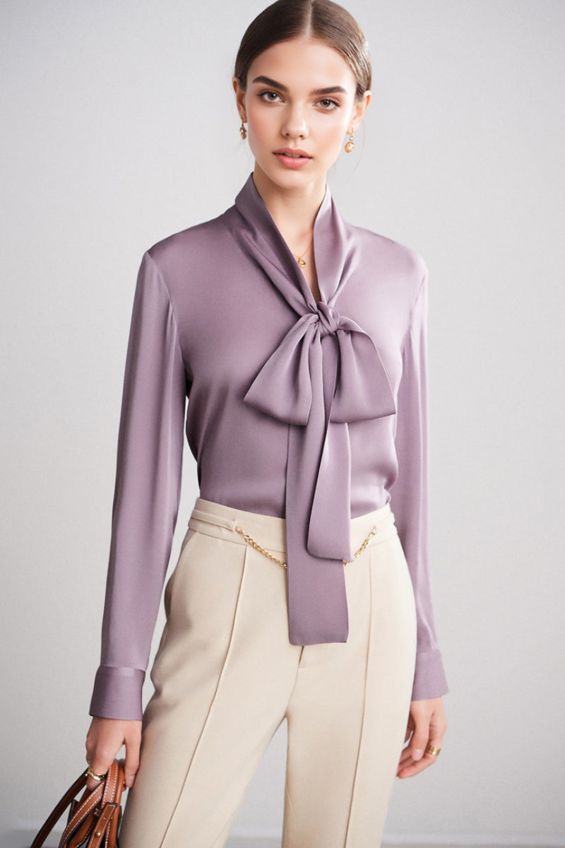 French Silk V-Neck Long-Sleeve Ribbon Blouse