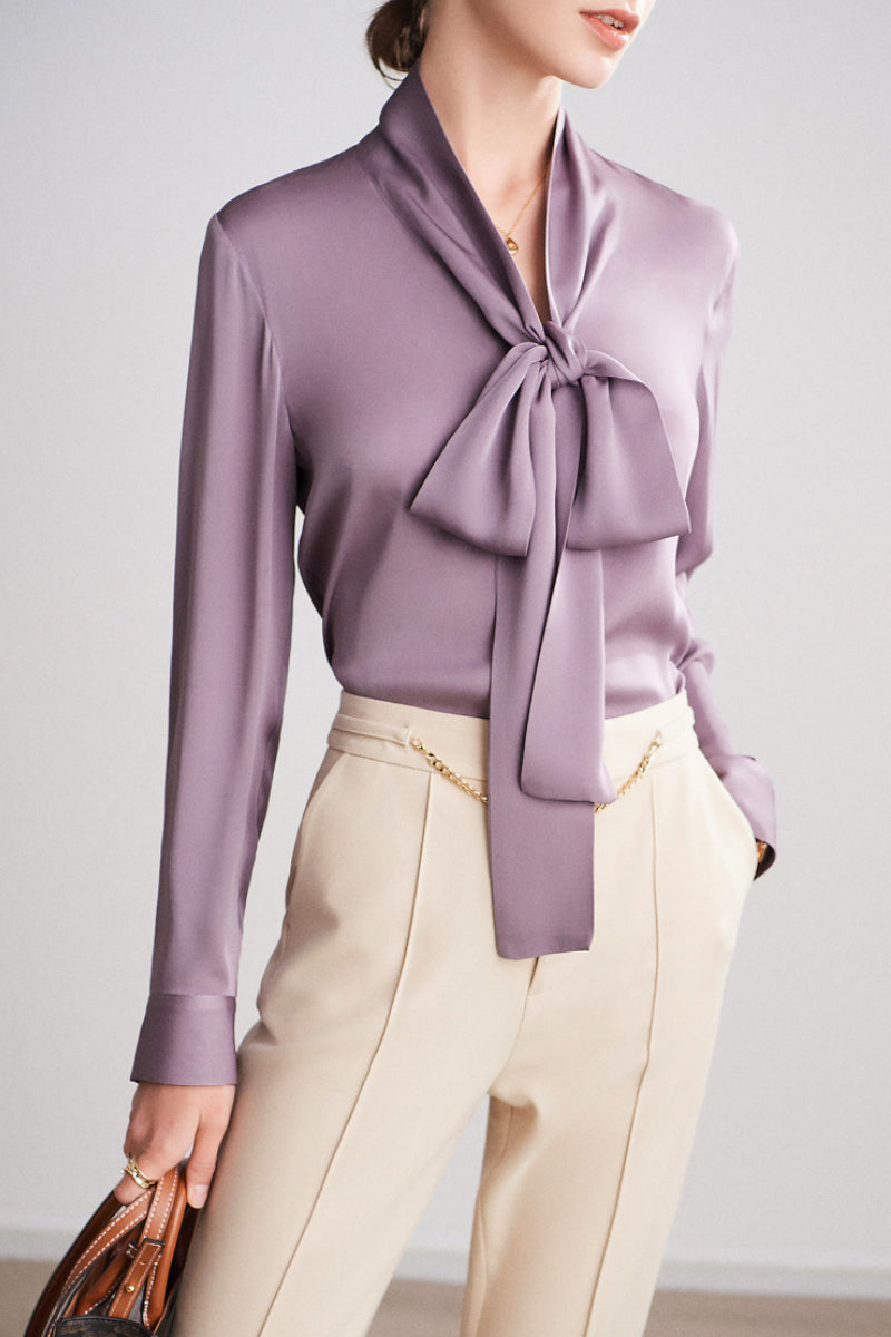 French Silk V-Neck Long-Sleeve Ribbon Blouse