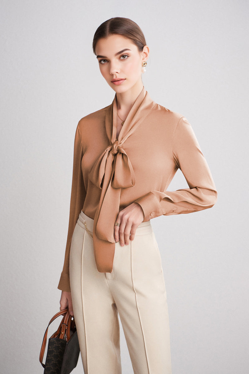 French Silk V-Neck Long-Sleeve Ribbon Blouse