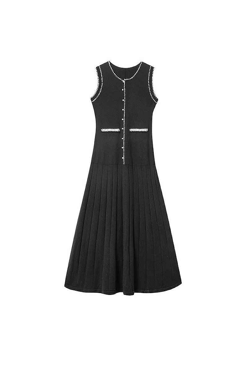 French Sleeveless Handmade Embellished Knit Midi Dress