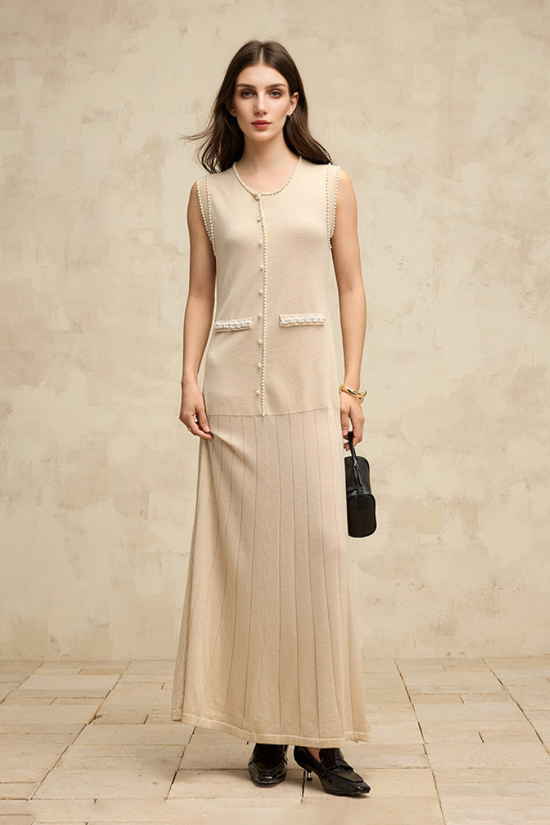 French Sleeveless Handmade Embellished Knit Midi Dress