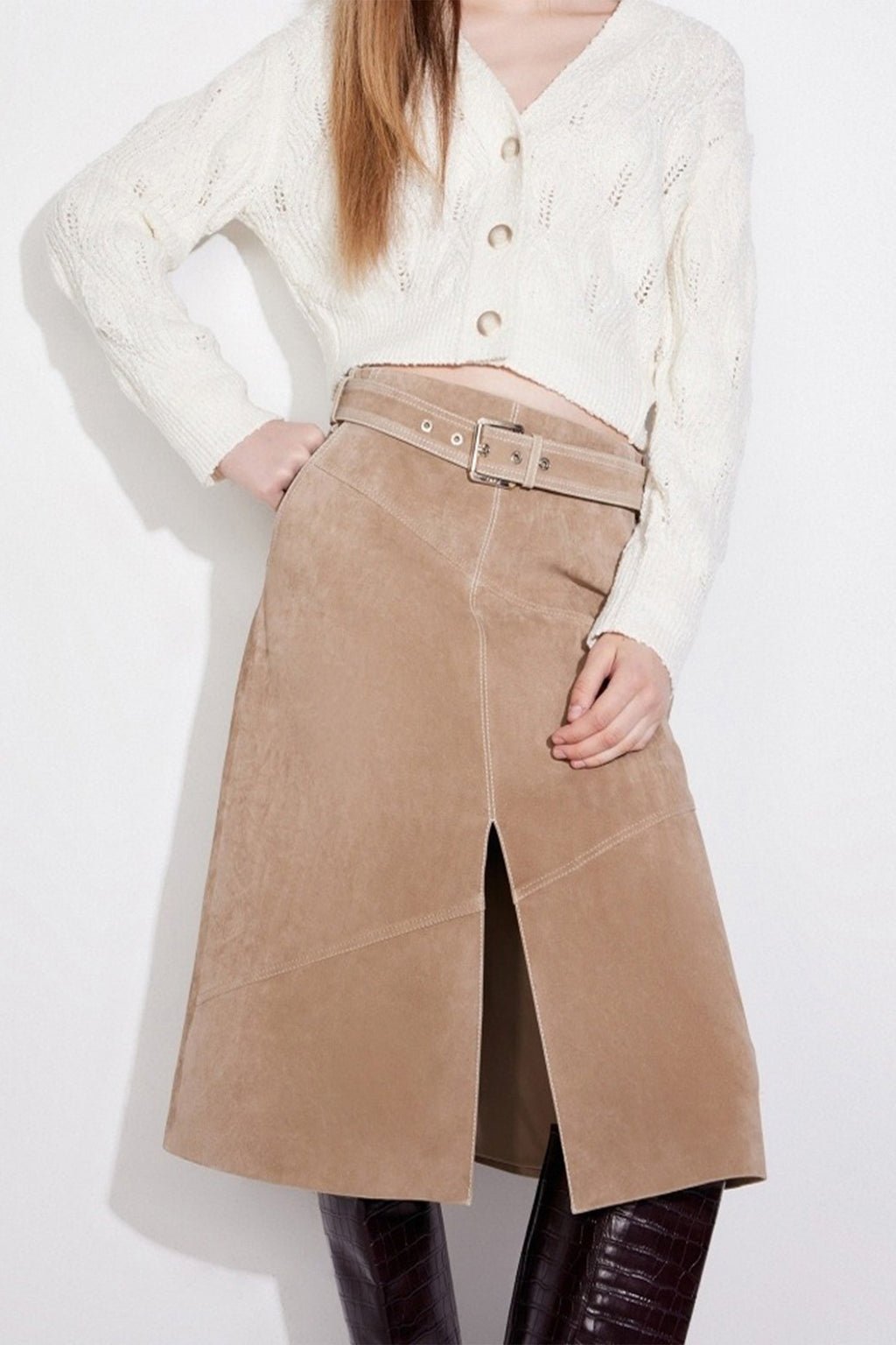 Goatskin Suede Belted  A-Line Midi Skirt with Slit