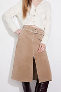 Goatskin Suede Belted  A-Line Midi Skirt with Slit