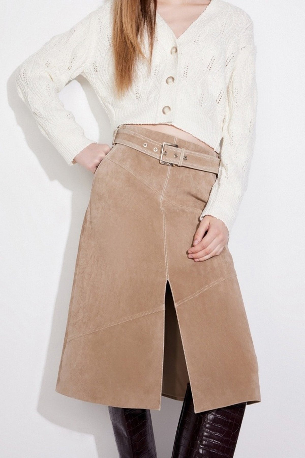 Goatskin Suede Belted  A-Line Midi Skirt with Slit