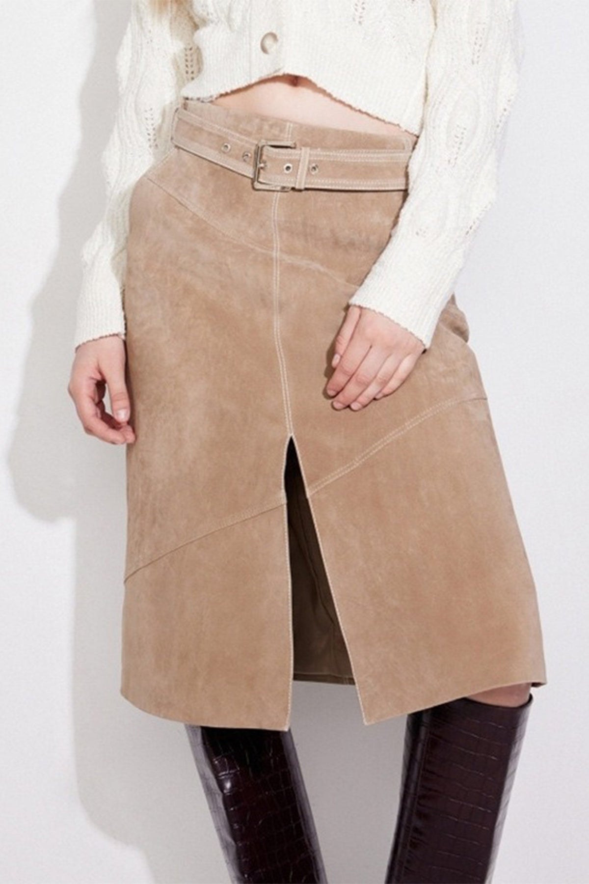 Goatskin Suede Belted  A-Line Midi Skirt with Slit