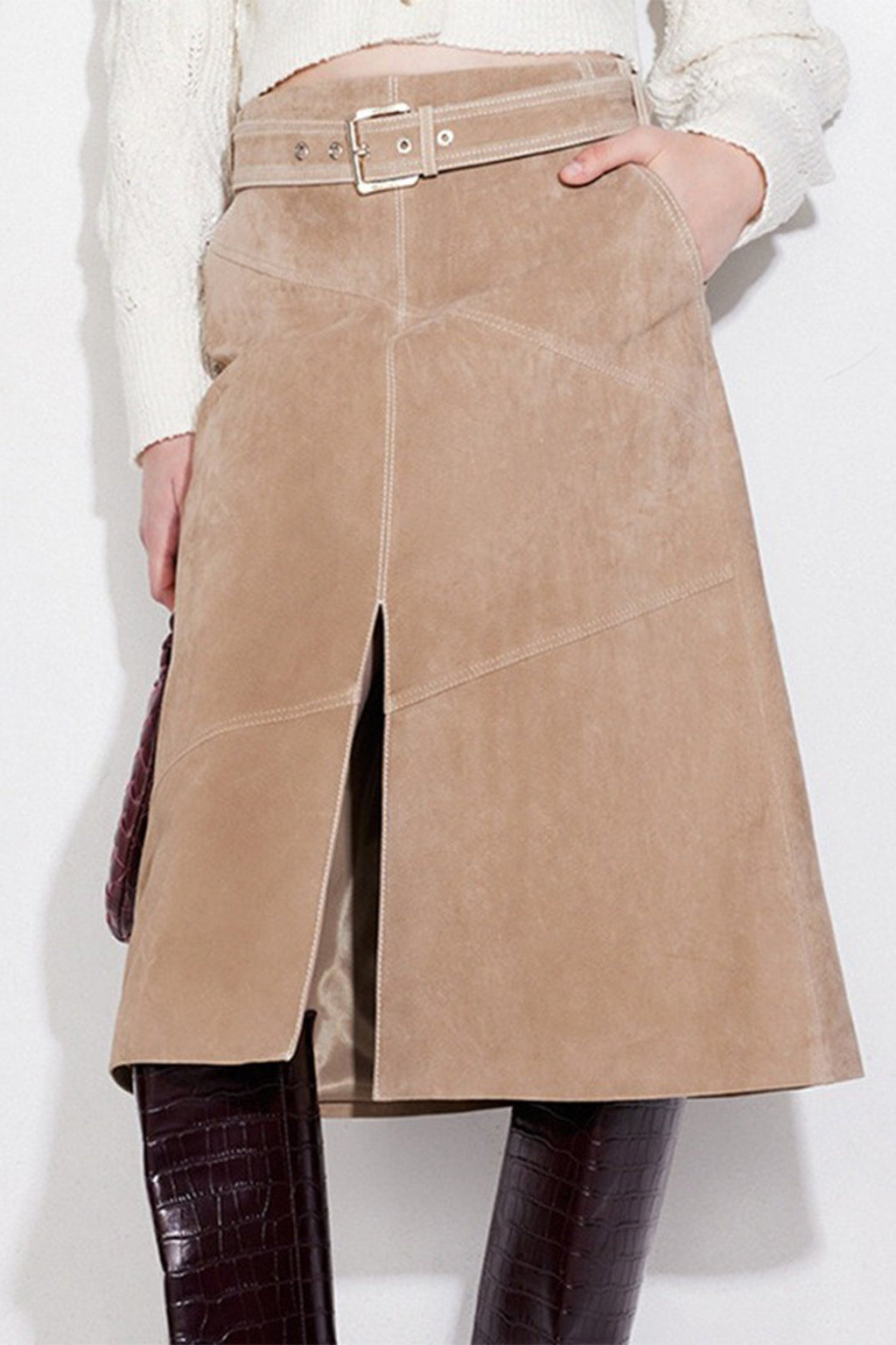 Goatskin Suede Belted  A-Line Midi Skirt with Slit