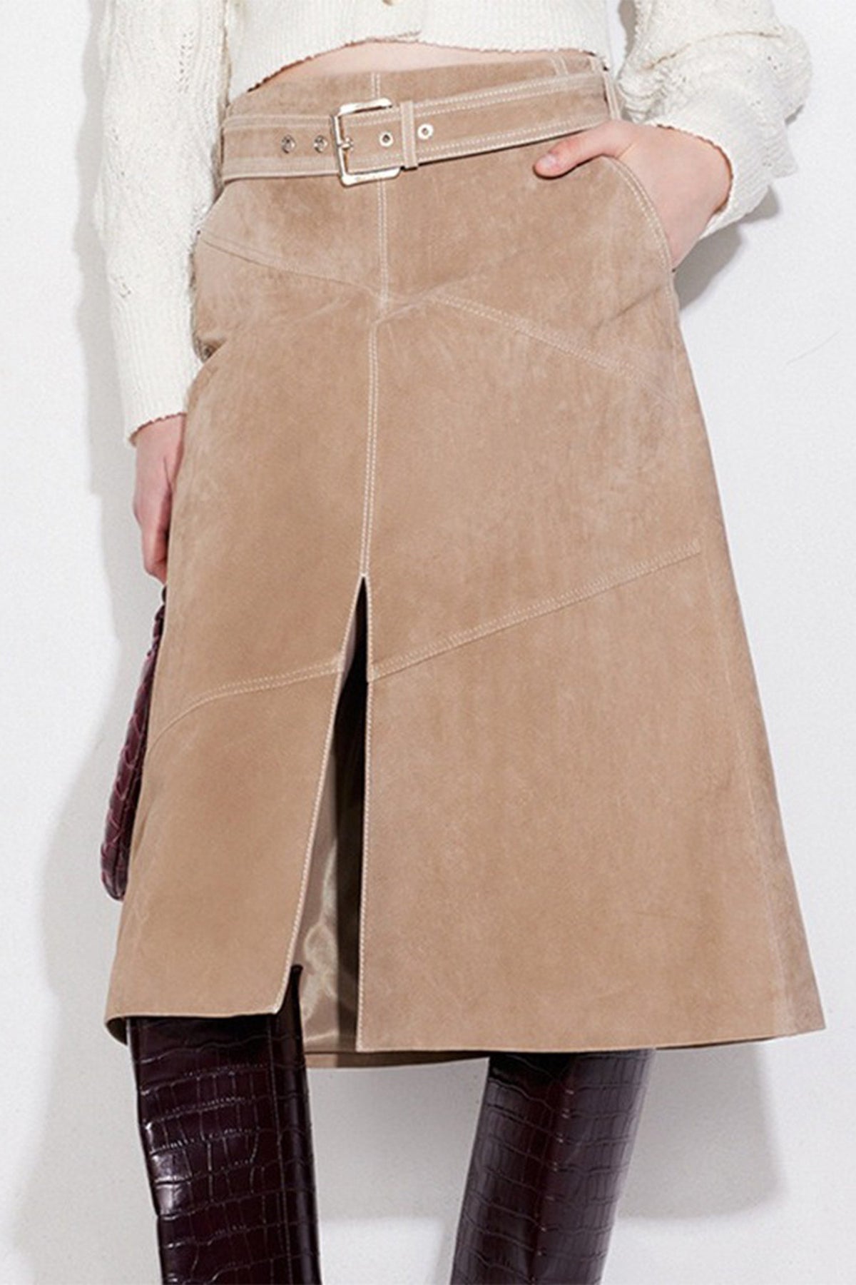 Goatskin Suede Belted  A-Line Midi Skirt with Slit