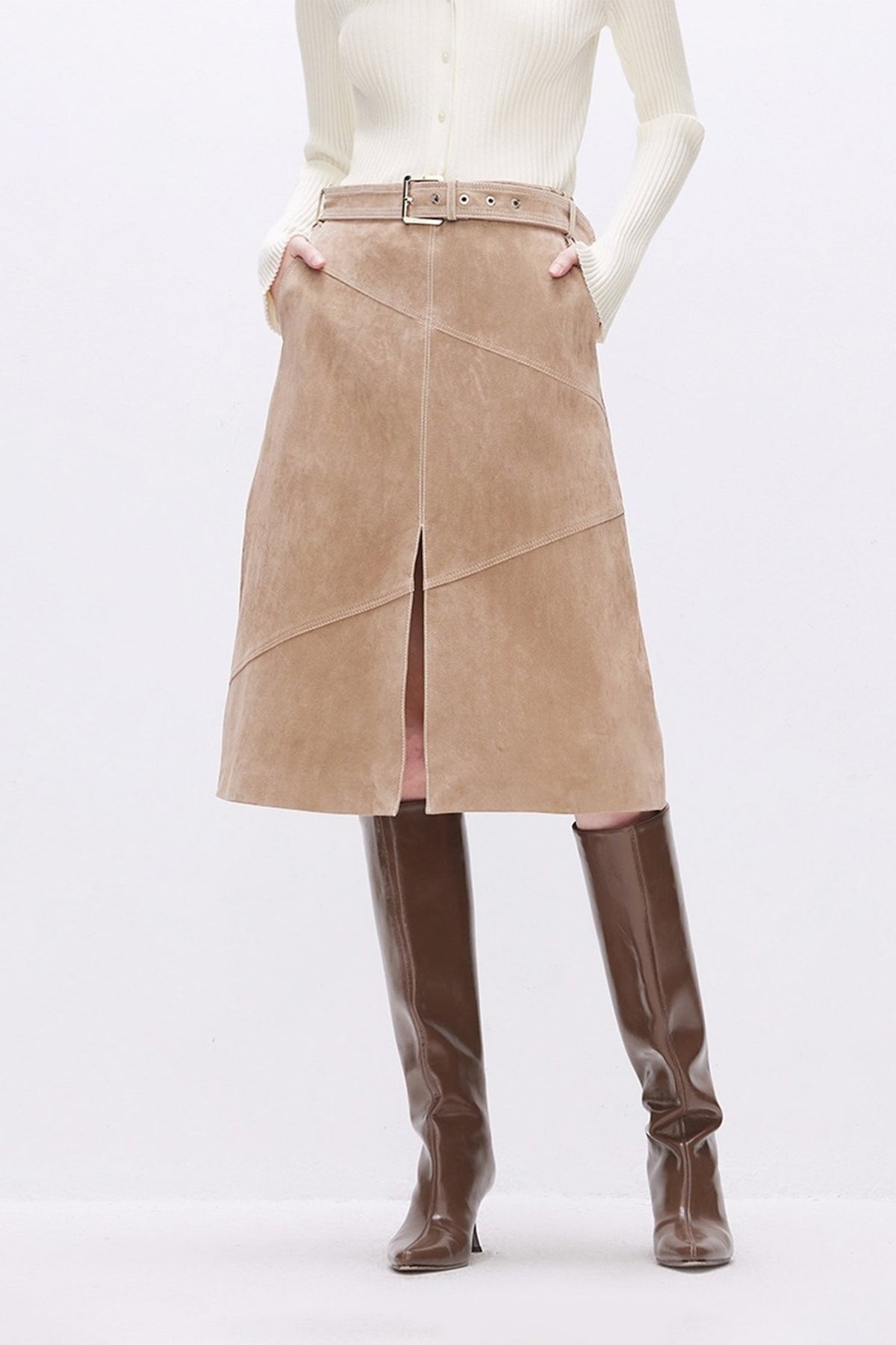 Goatskin Suede Belted  A-Line Midi Skirt with Slit