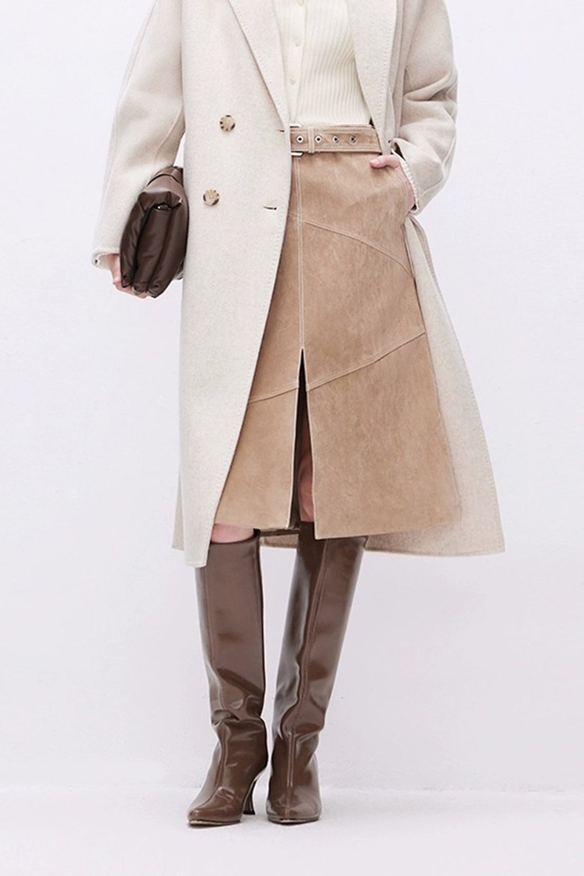 Goatskin Suede Belted  A-Line Midi Skirt with Slit