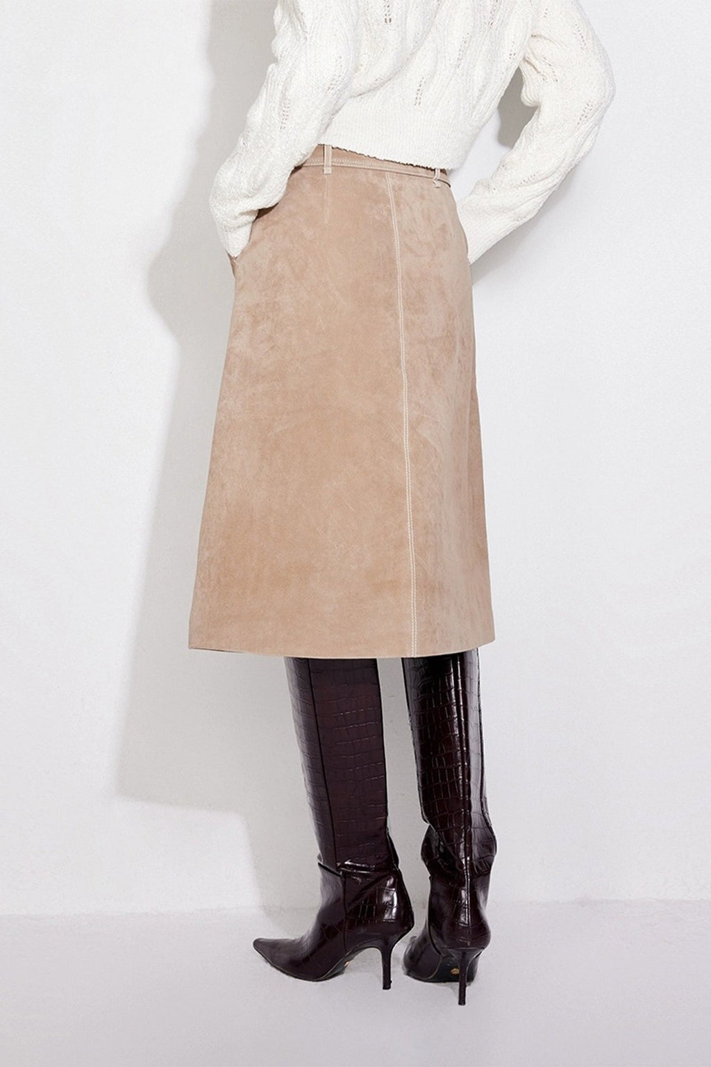 Goatskin Suede Belted  A-Line Midi Skirt with Slit