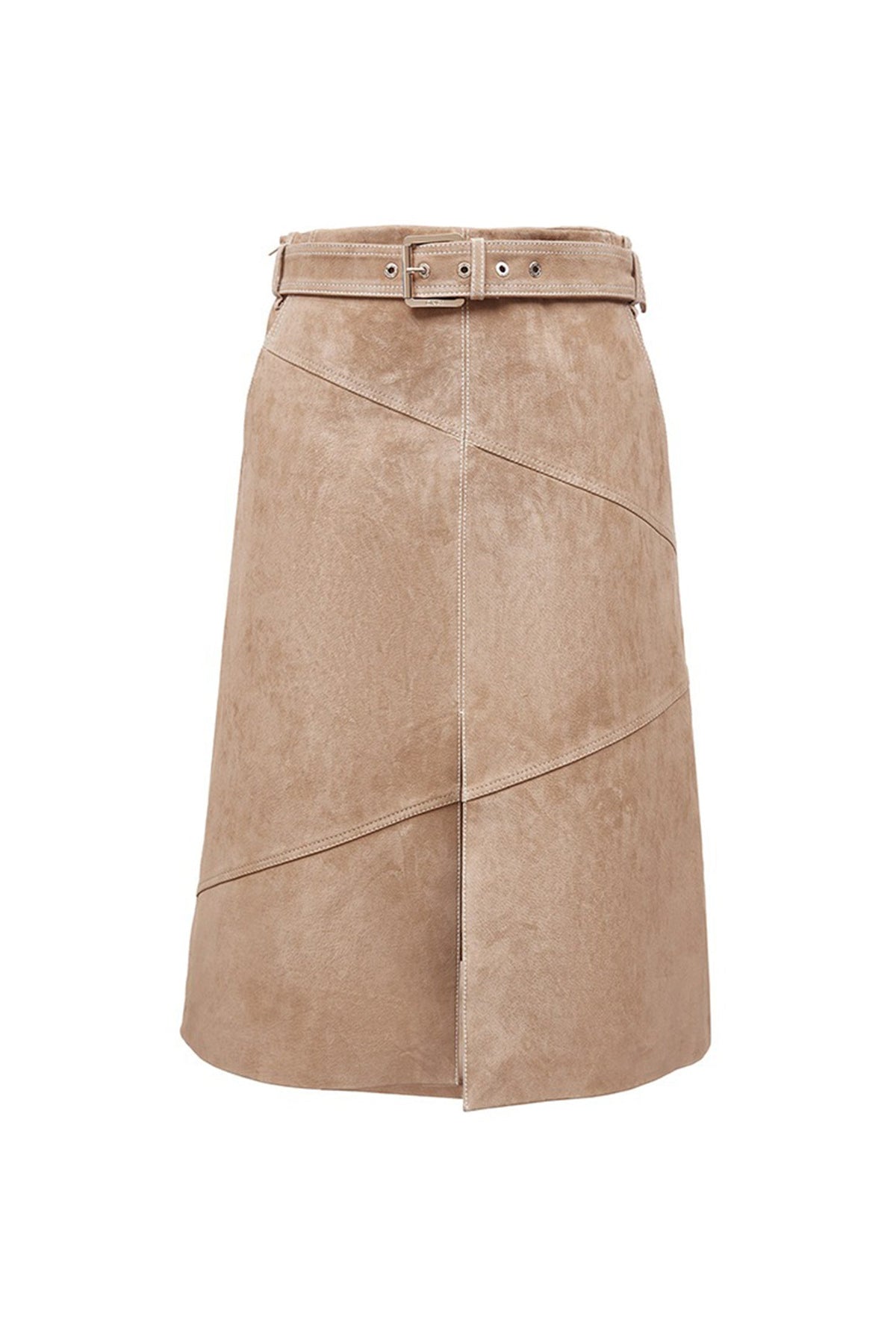 Goatskin Suede Belted  A-Line Midi Skirt with Slit