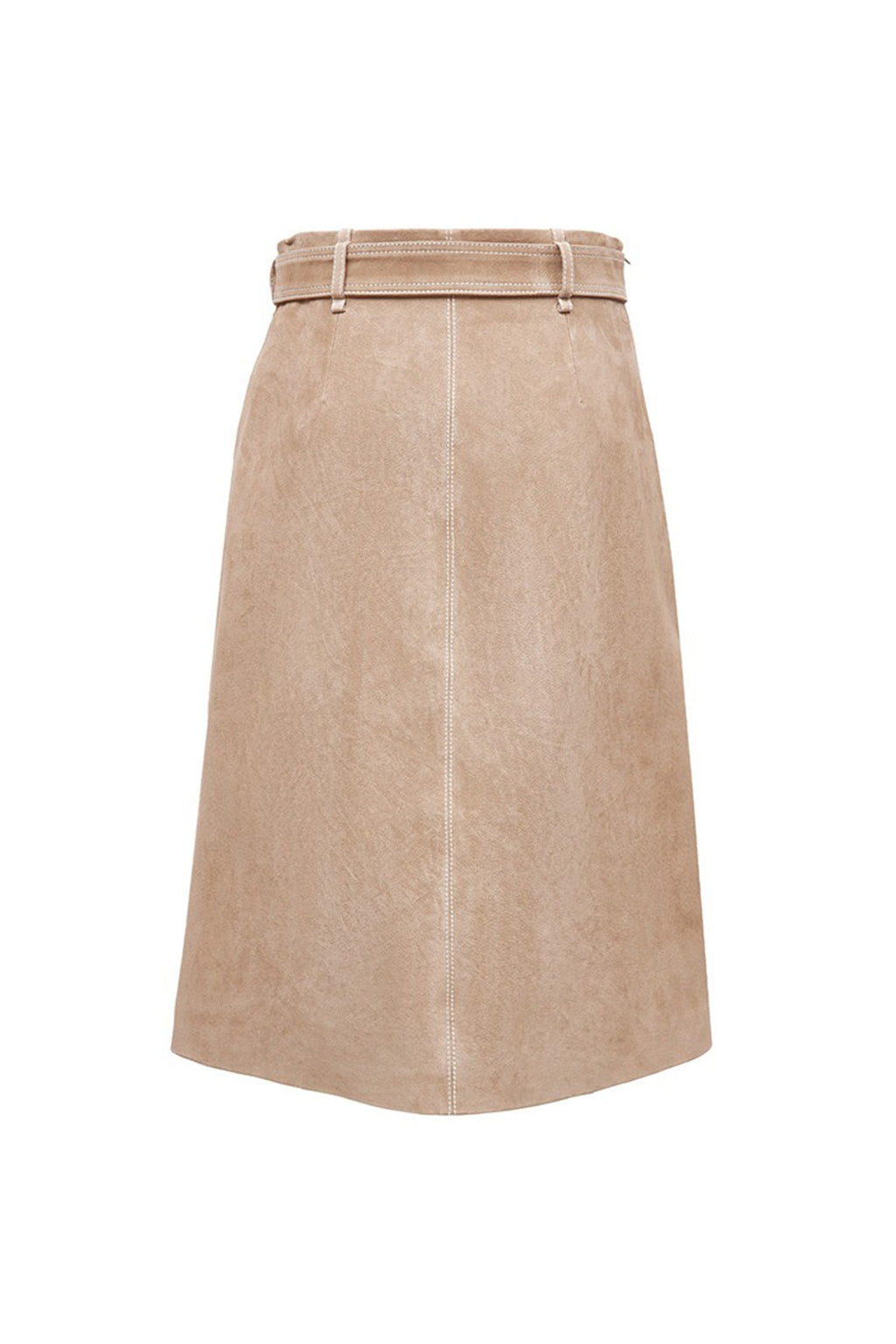 Goatskin Suede Belted  A-Line Midi Skirt with Slit