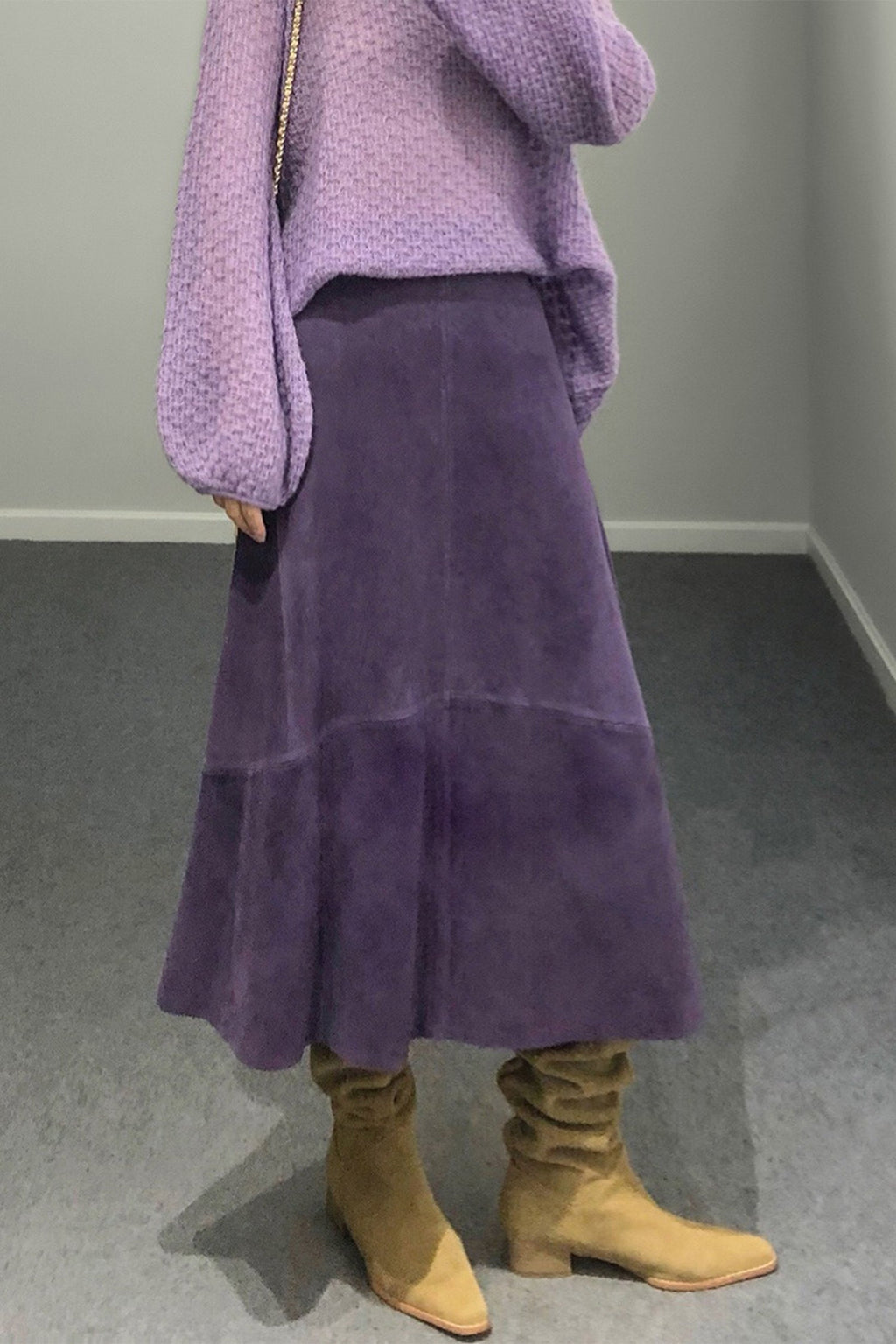 Goatskin Suede High-Waisted A-Line Midi Skirt