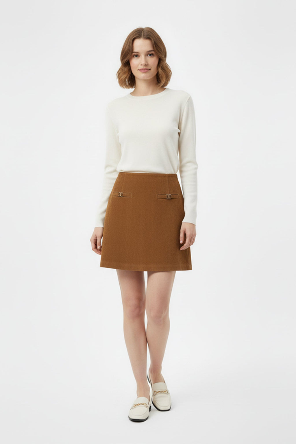 Goatskin Suede High-Waisted A-Line Mini Skirt in Brown