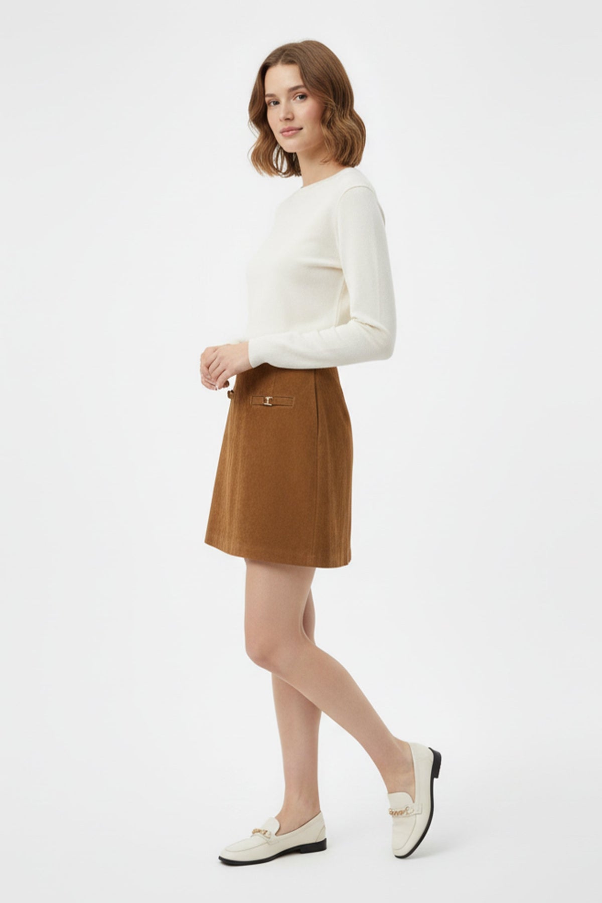 Goatskin Suede High-Waisted A-Line Mini Skirt in Brown