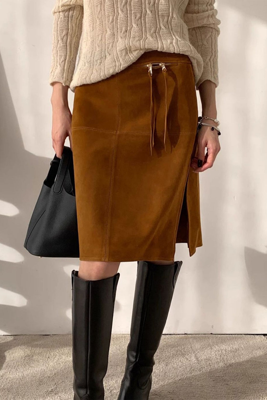 Goatskin Suede High-Waisted Front-Zip Straight Midi Skirt