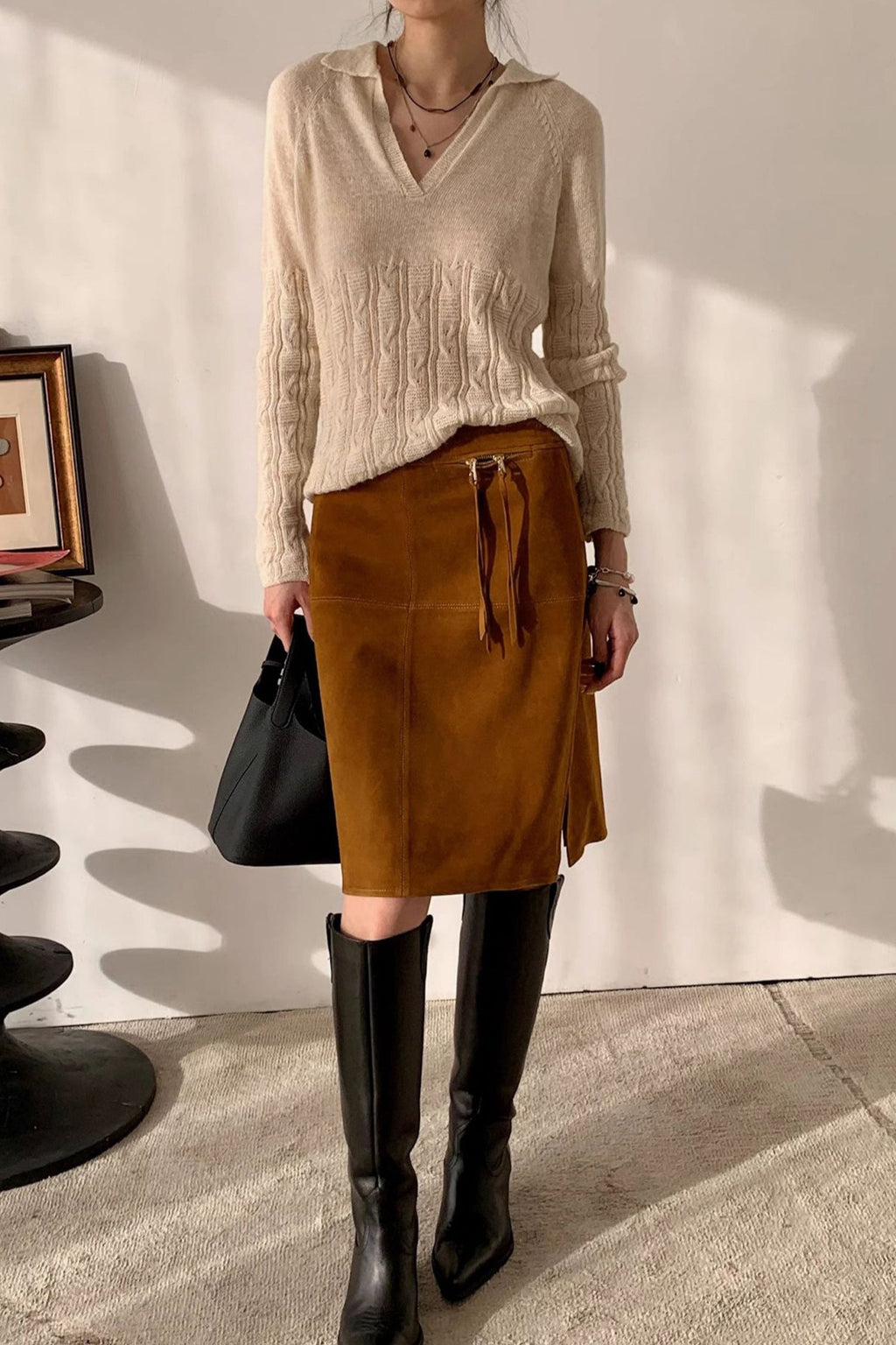 Goatskin Suede High-Waisted Front-Zip Straight Midi Skirt