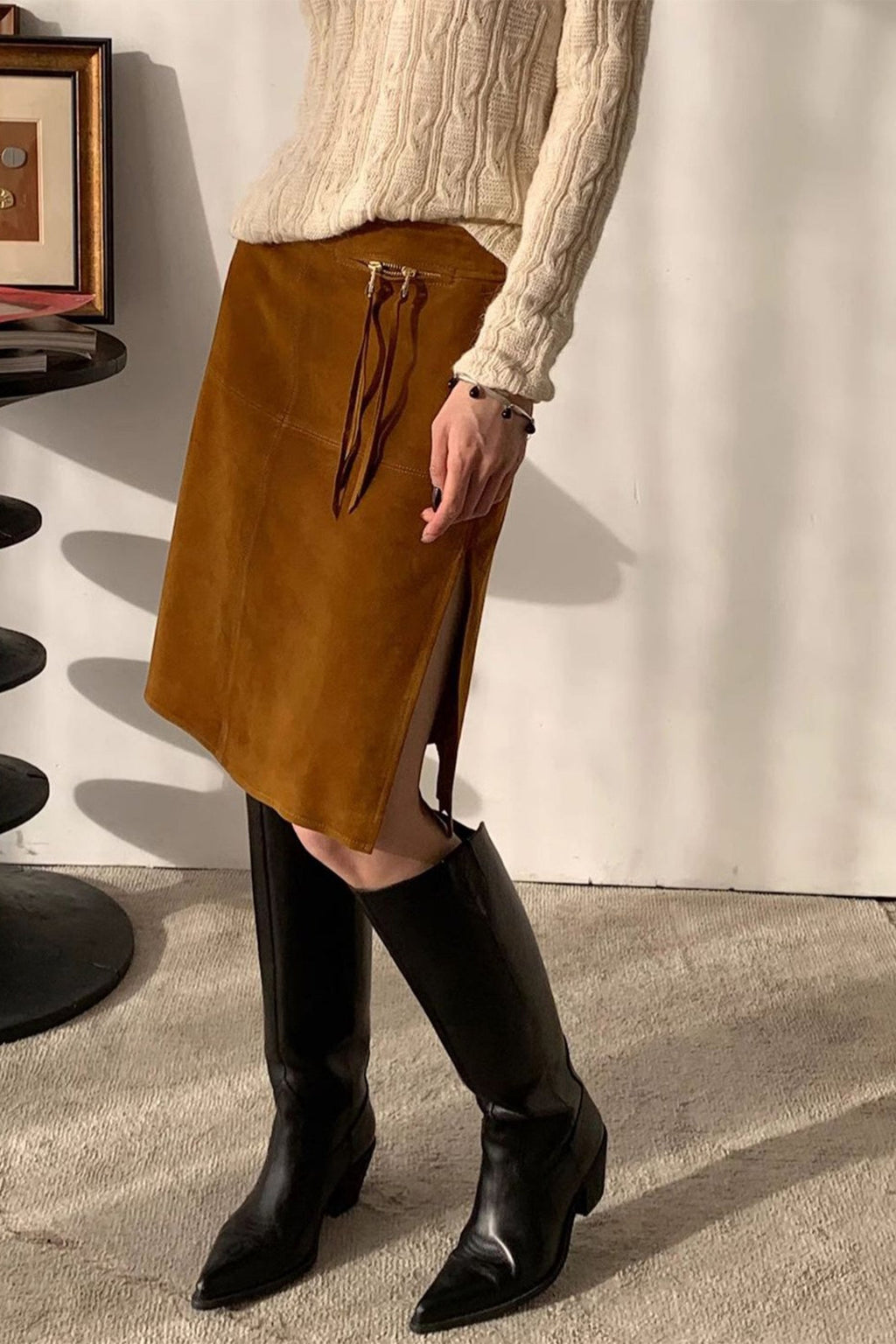 Goatskin Suede High-Waisted Front-Zip Straight Midi Skirt