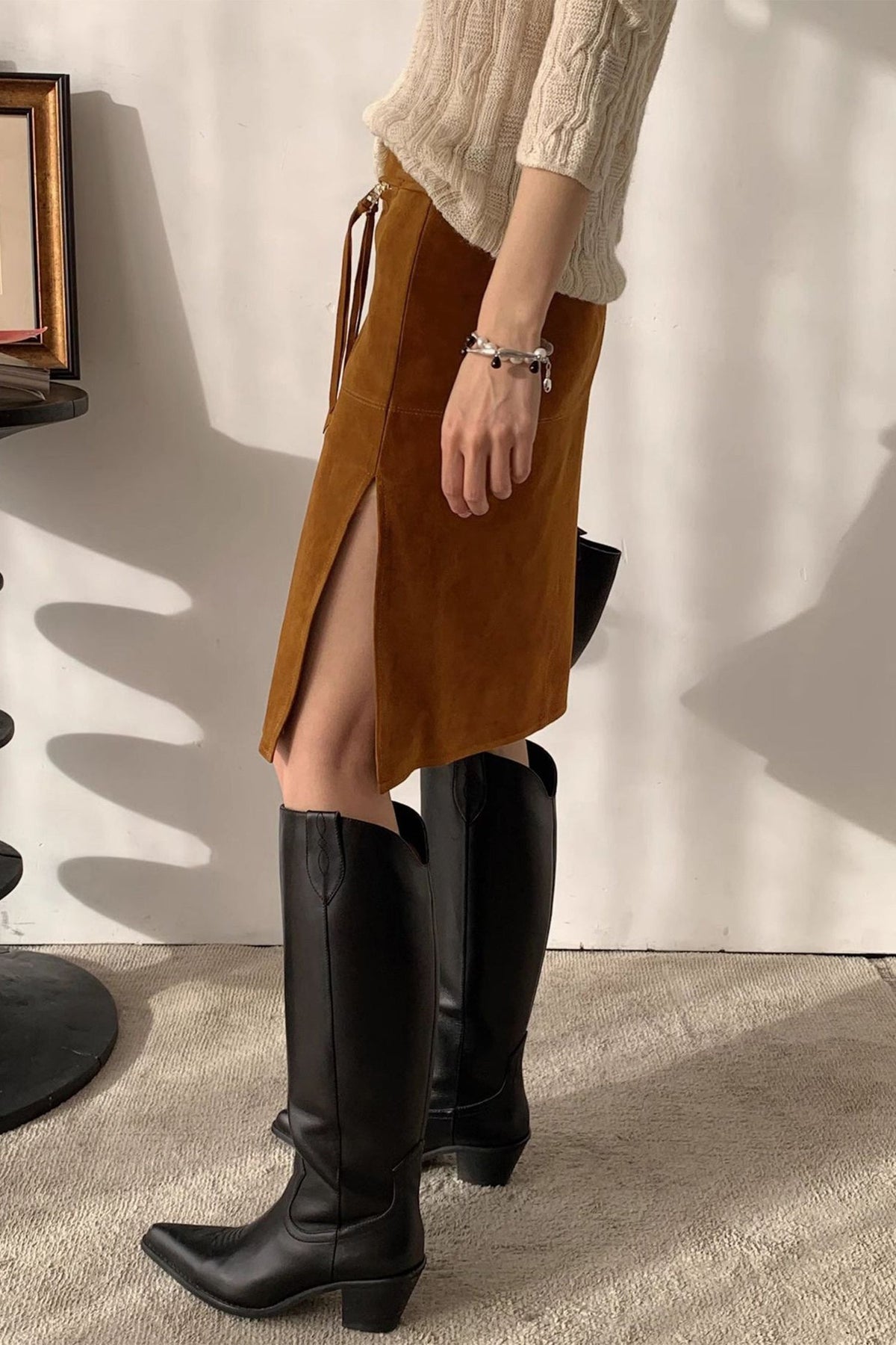 Goatskin Suede High-Waisted Front-Zip Straight Midi Skirt