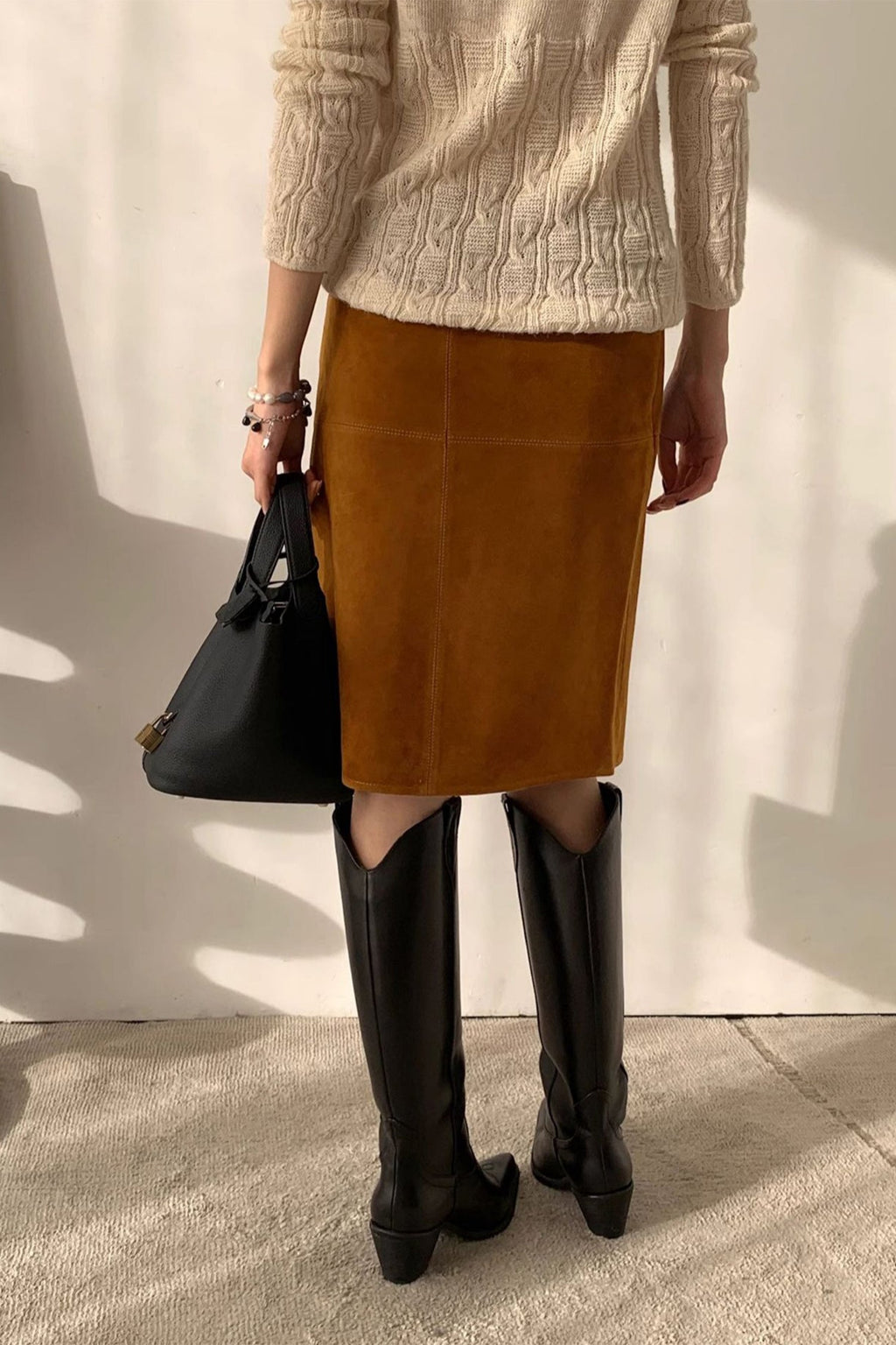 Goatskin Suede High-Waisted Front-Zip Straight Midi Skirt