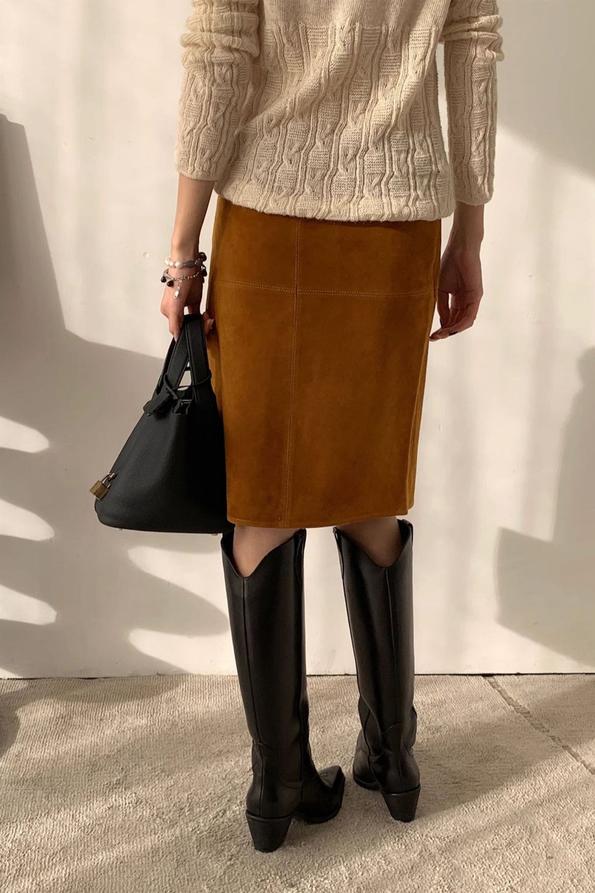 Goatskin Suede High-Waisted Front-Zip Straight Midi Skirt