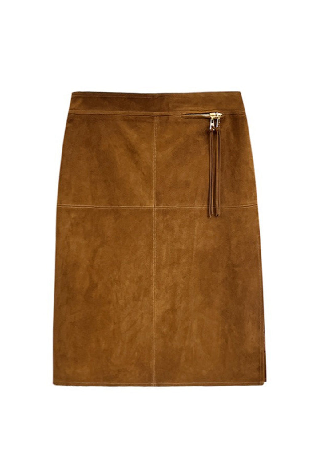 Goatskin Suede High-Waisted Front-Zip Straight Midi Skirt