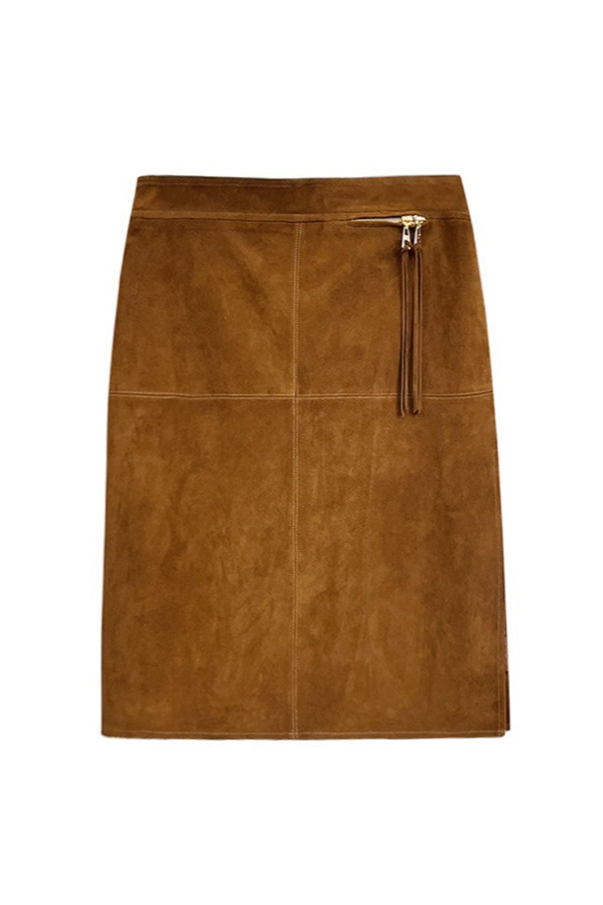 Goatskin Suede High-Waisted Front-Zip Straight Midi Skirt