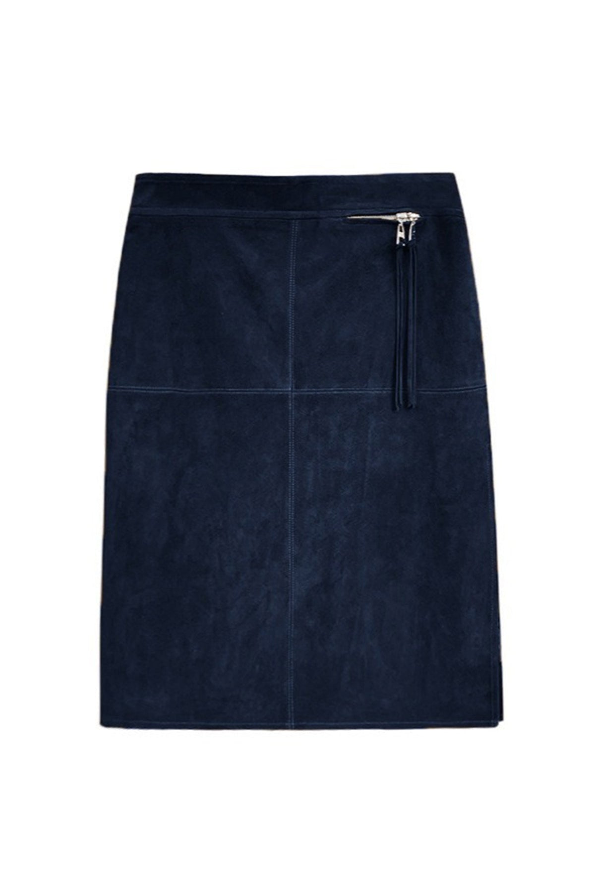 Goatskin Suede High-Waisted Front-Zip Straight Midi Skirt