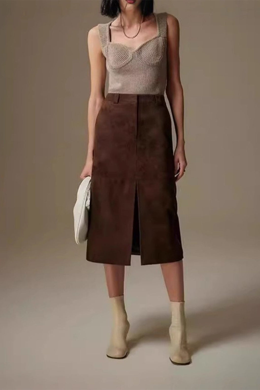 Goatskin Suede Straight-Fit Midi Skirt in Brown