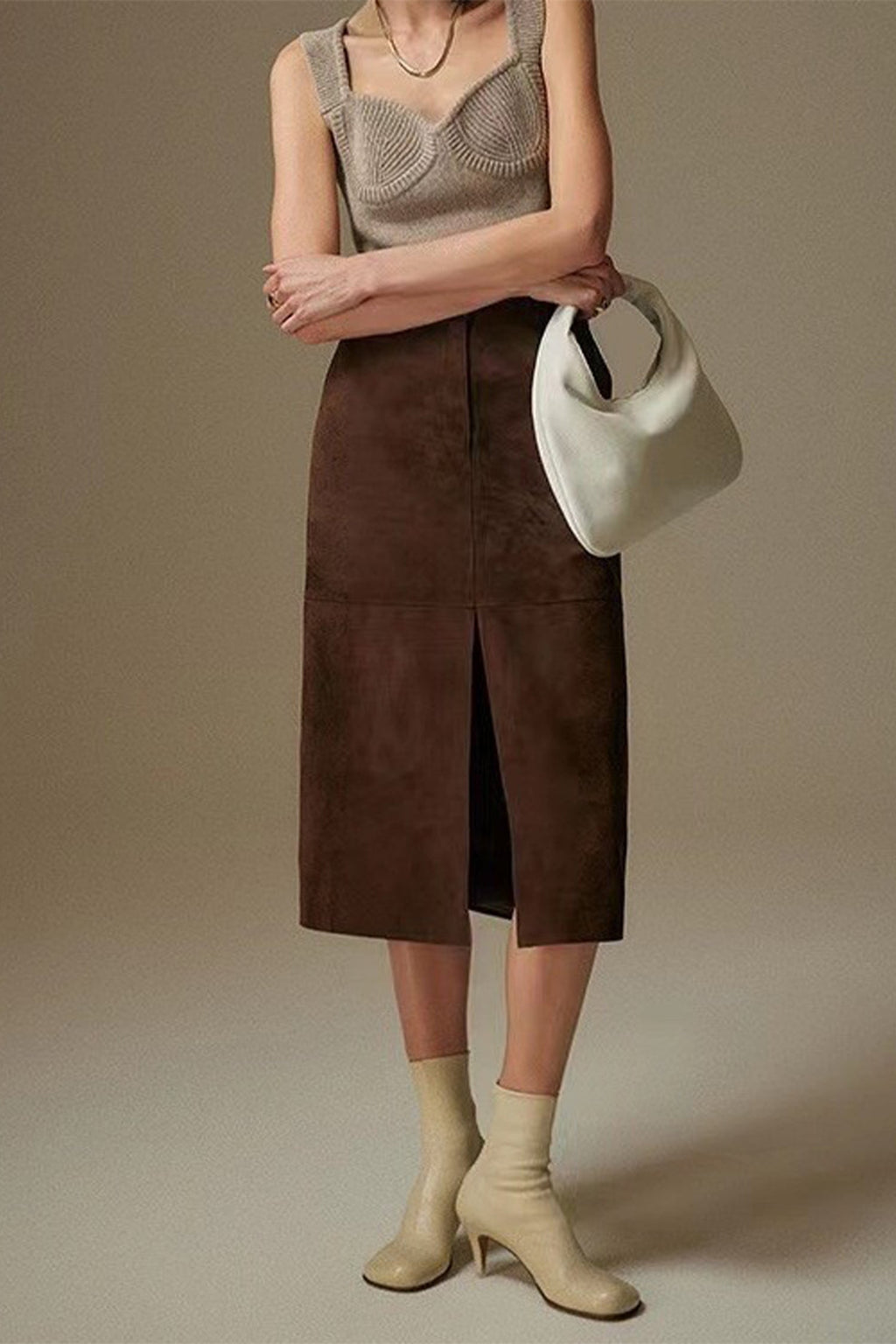 Goatskin Suede Straight-Fit Midi Skirt in Brown