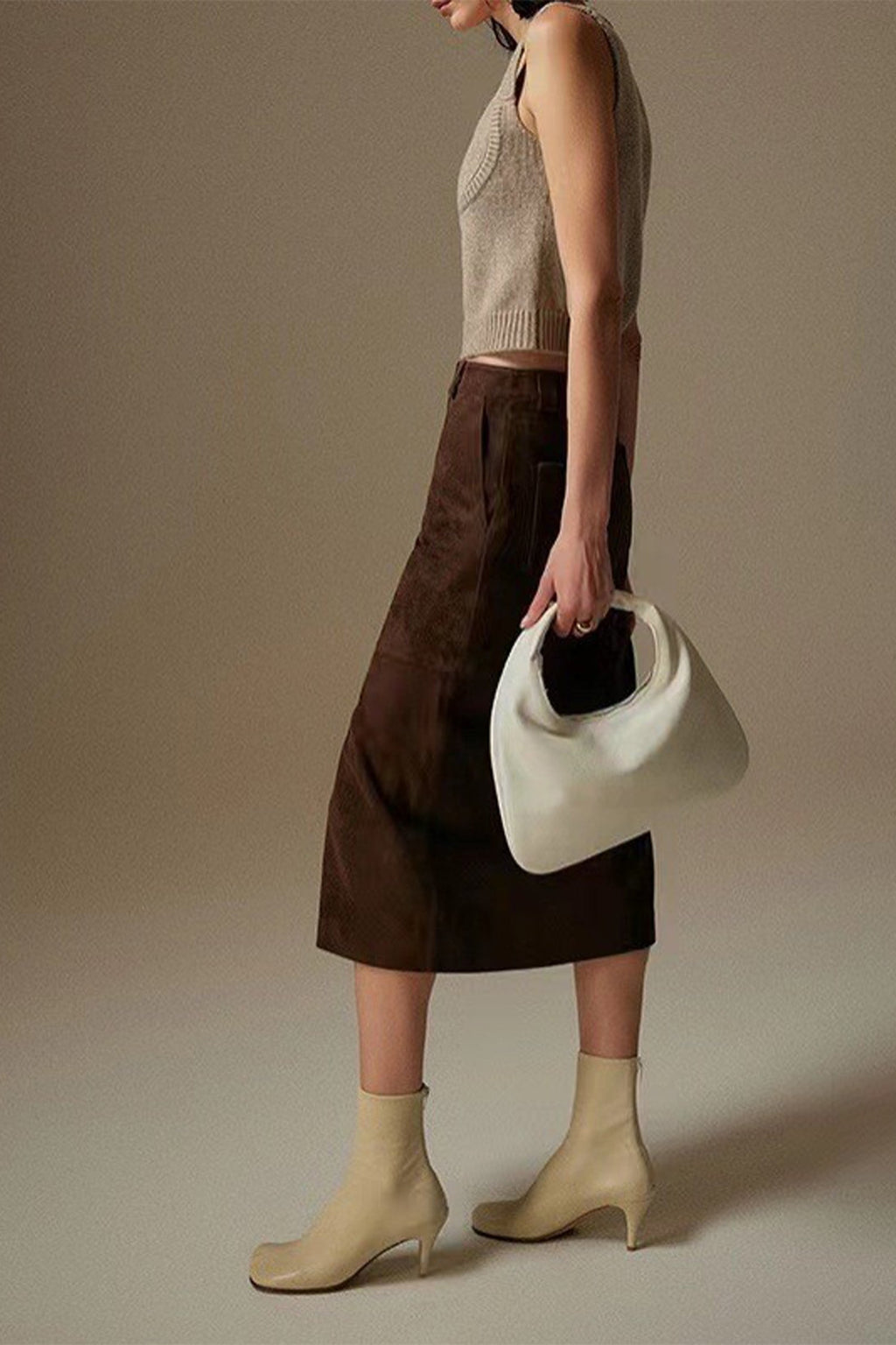 Goatskin Suede Straight-Fit Midi Skirt in Brown