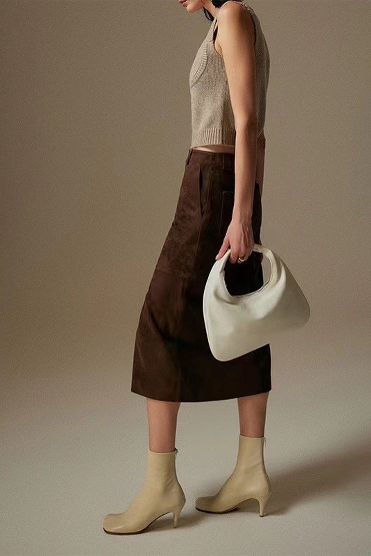 Goatskin Suede Straight-Fit Midi Skirt in Brown