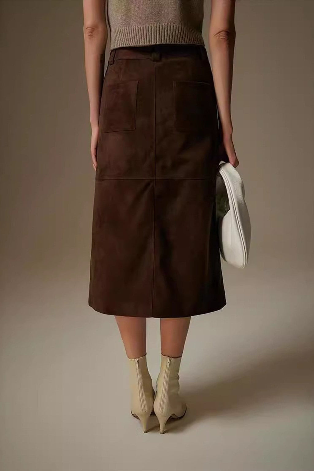 Goatskin Suede Straight-Fit Midi Skirt in Brown