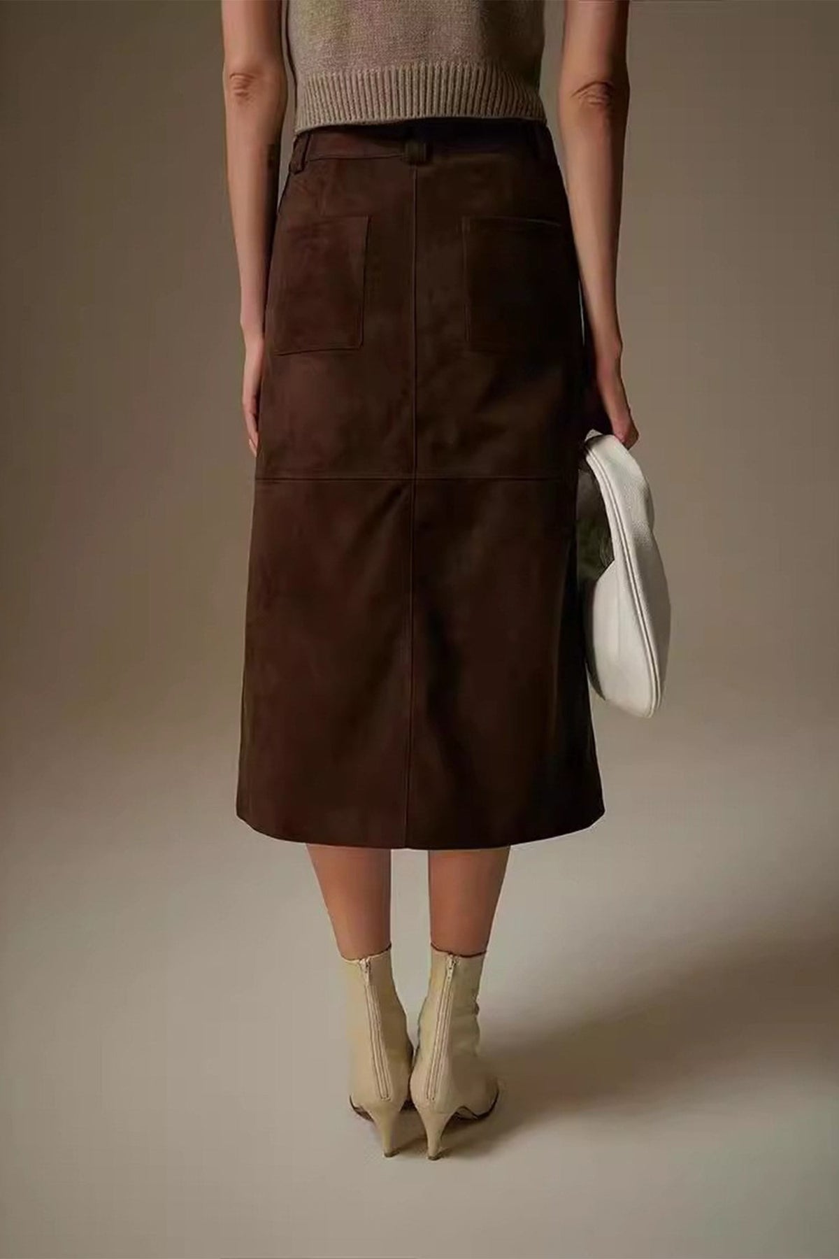 Goatskin Suede Straight-Fit Midi Skirt in Brown