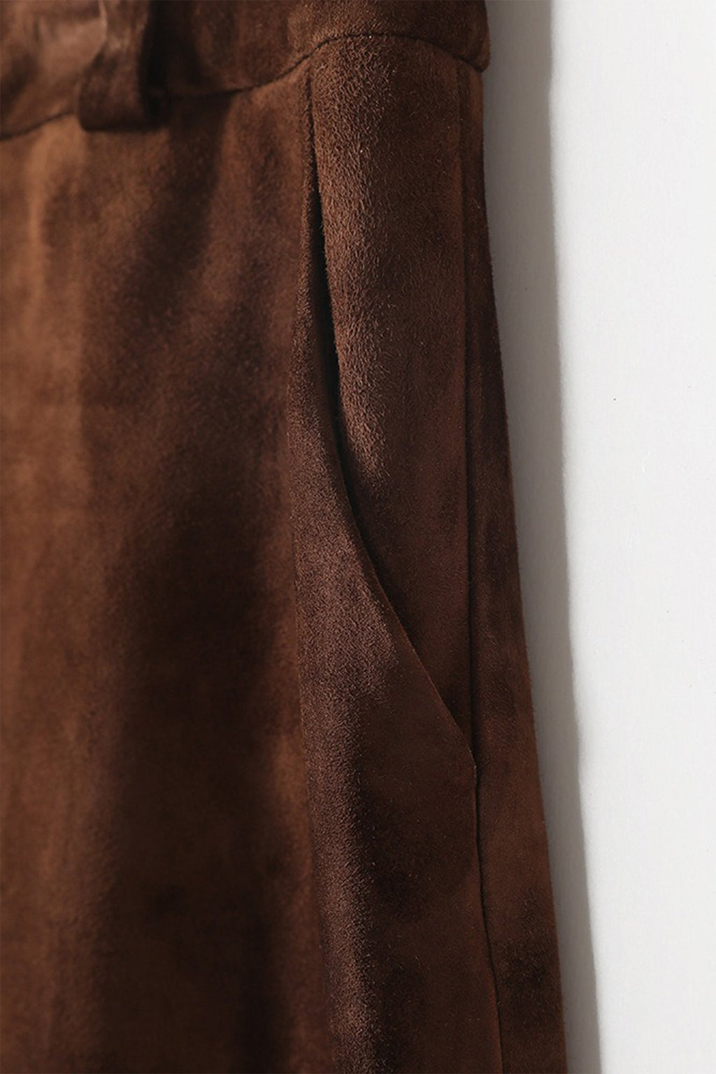 Goatskin Suede Straight-Fit Midi Skirt in Brown