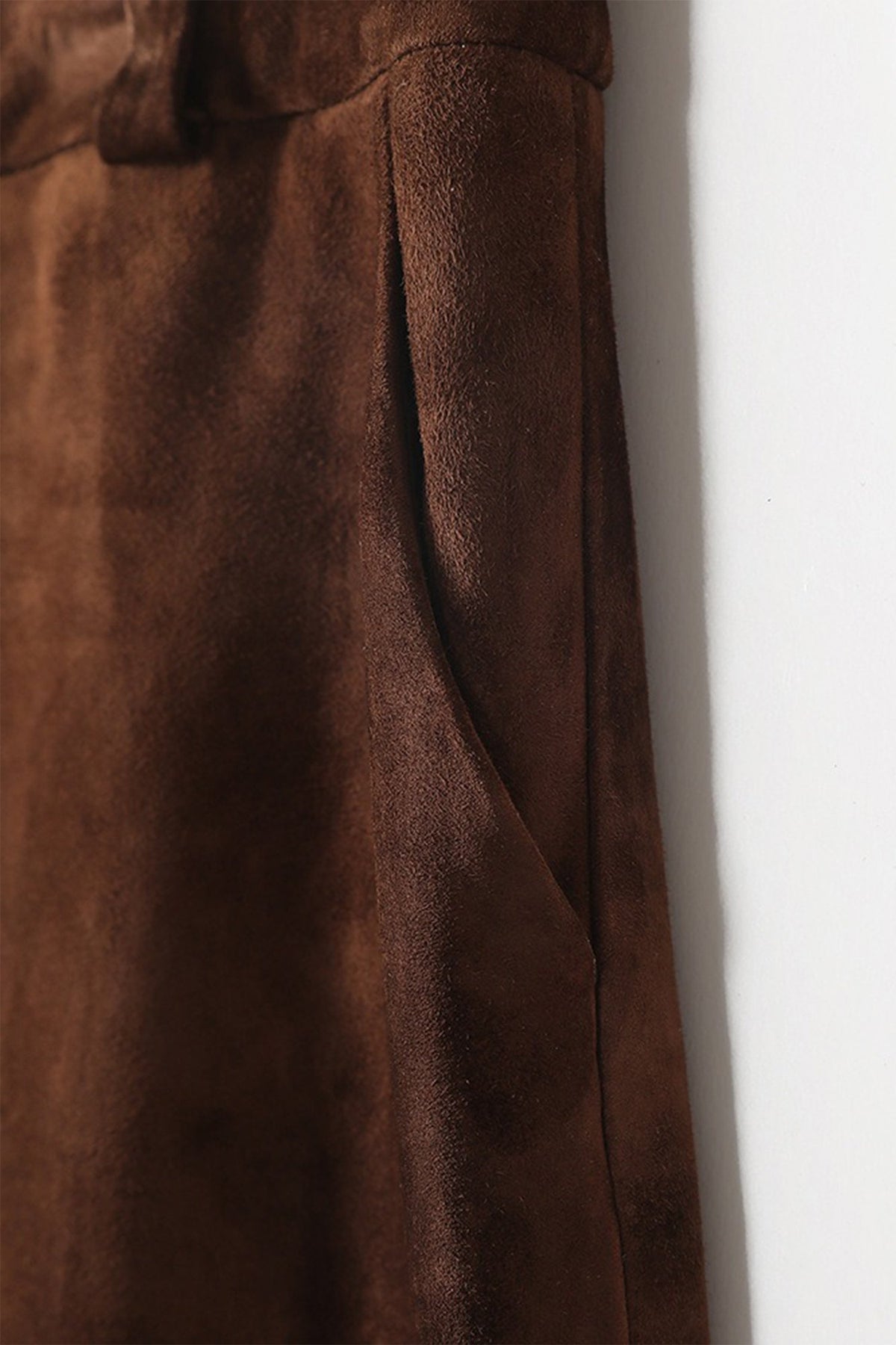 Goatskin Suede Straight-Fit Midi Skirt in Brown