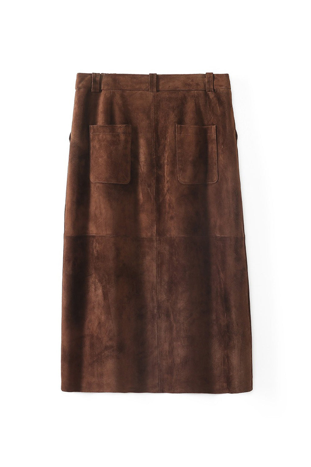 Goatskin Suede Straight-Fit Midi Skirt in Brown