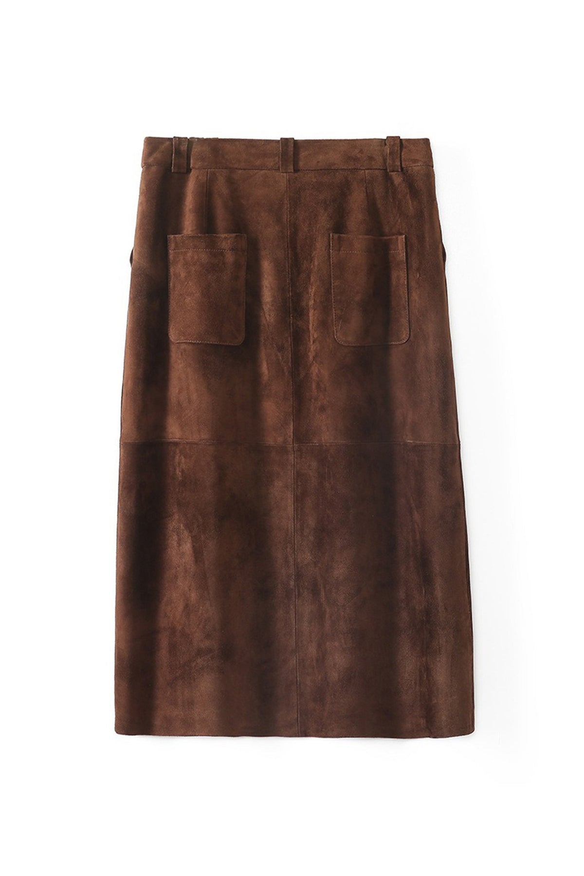 Goatskin Suede Straight-Fit Midi Skirt in Brown