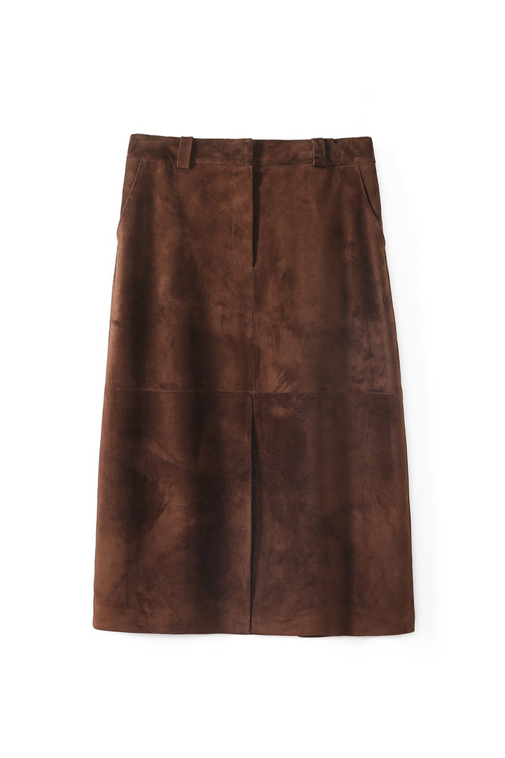 Goatskin Suede Straight-Fit Midi Skirt in Brown