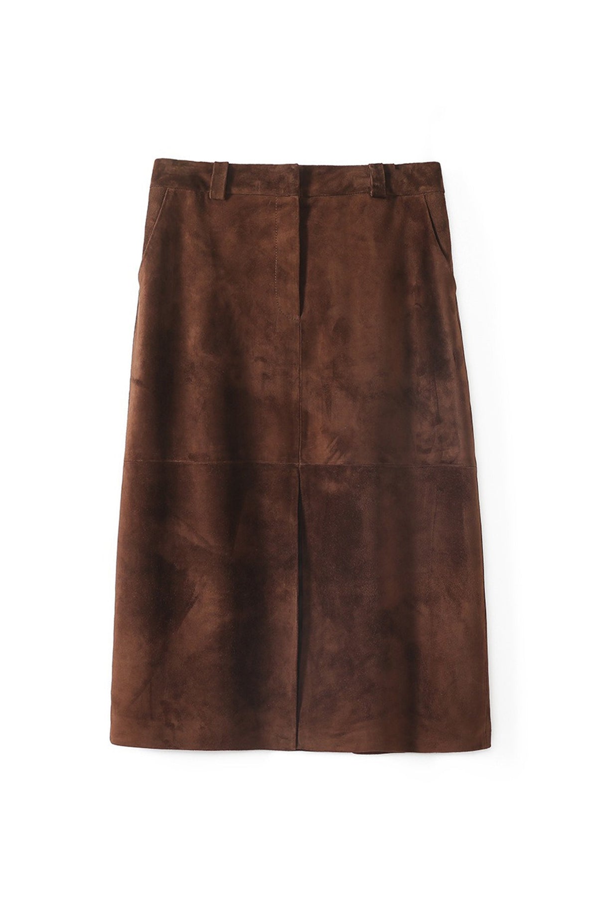 Goatskin Suede Straight-Fit Midi Skirt in Brown