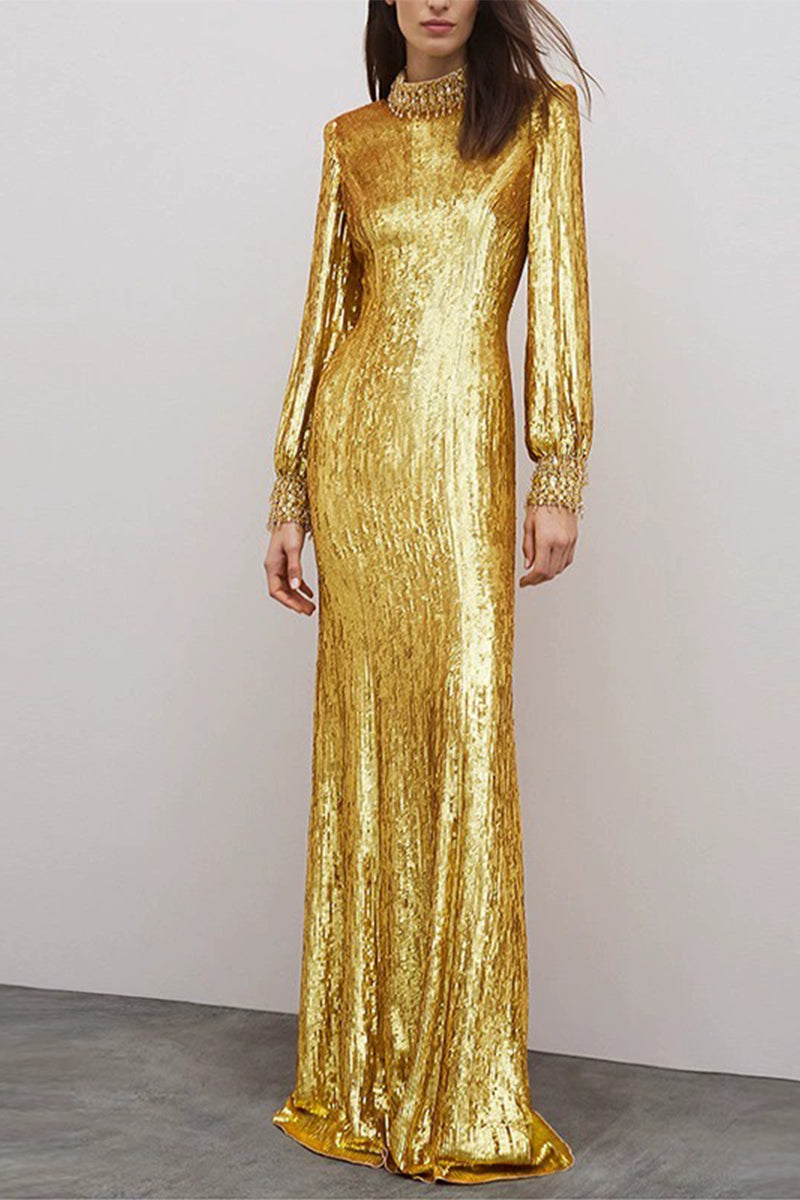 Gold Sequin-Embellished Long Sleeve Evening Gown