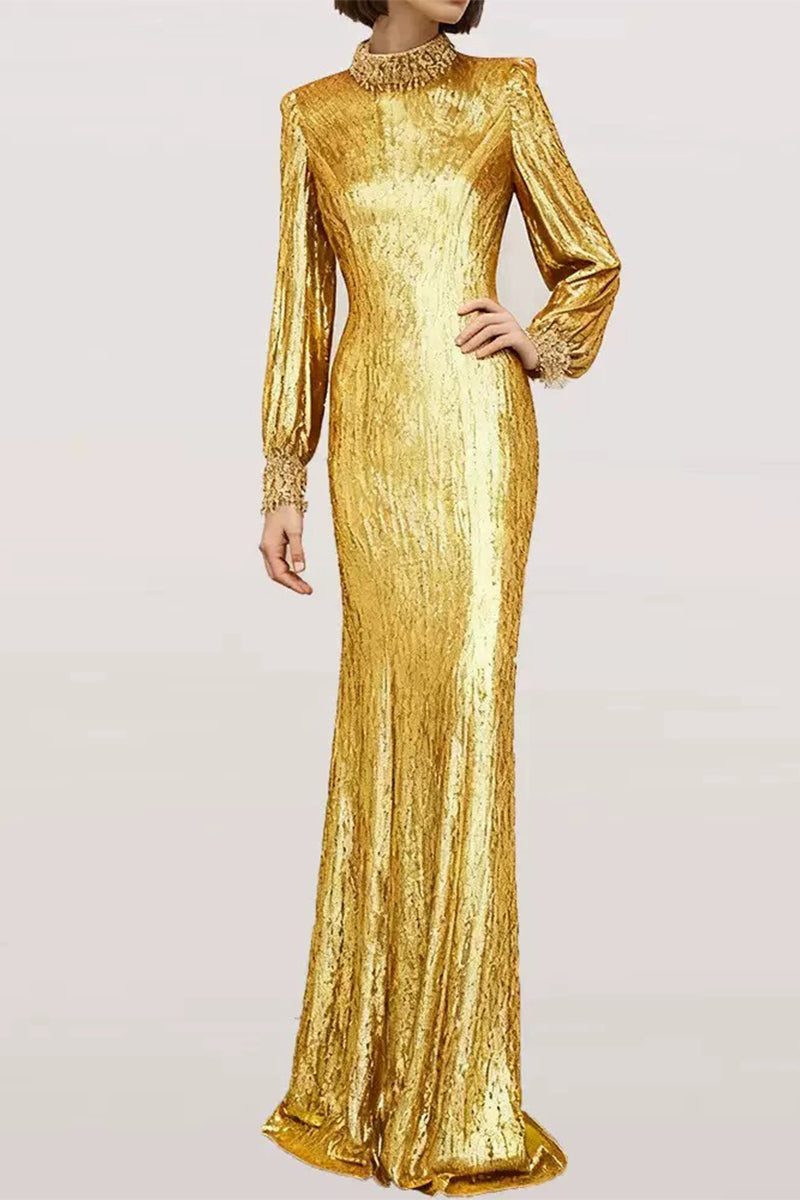 Gold Sequin-Embellished Long Sleeve Evening Gown
